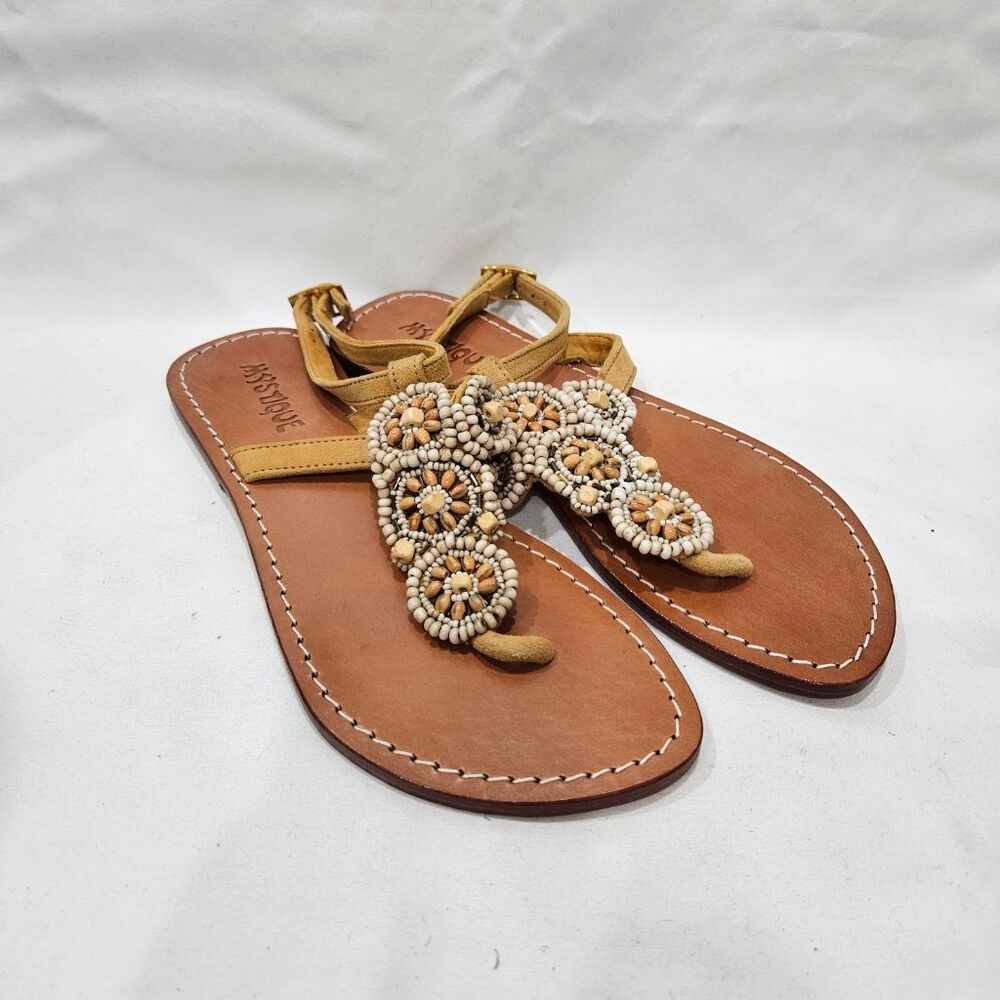 Mystique Beaded Leather T-Strap Sandals Womens 8 Boho Suede Tan Ankle Strap